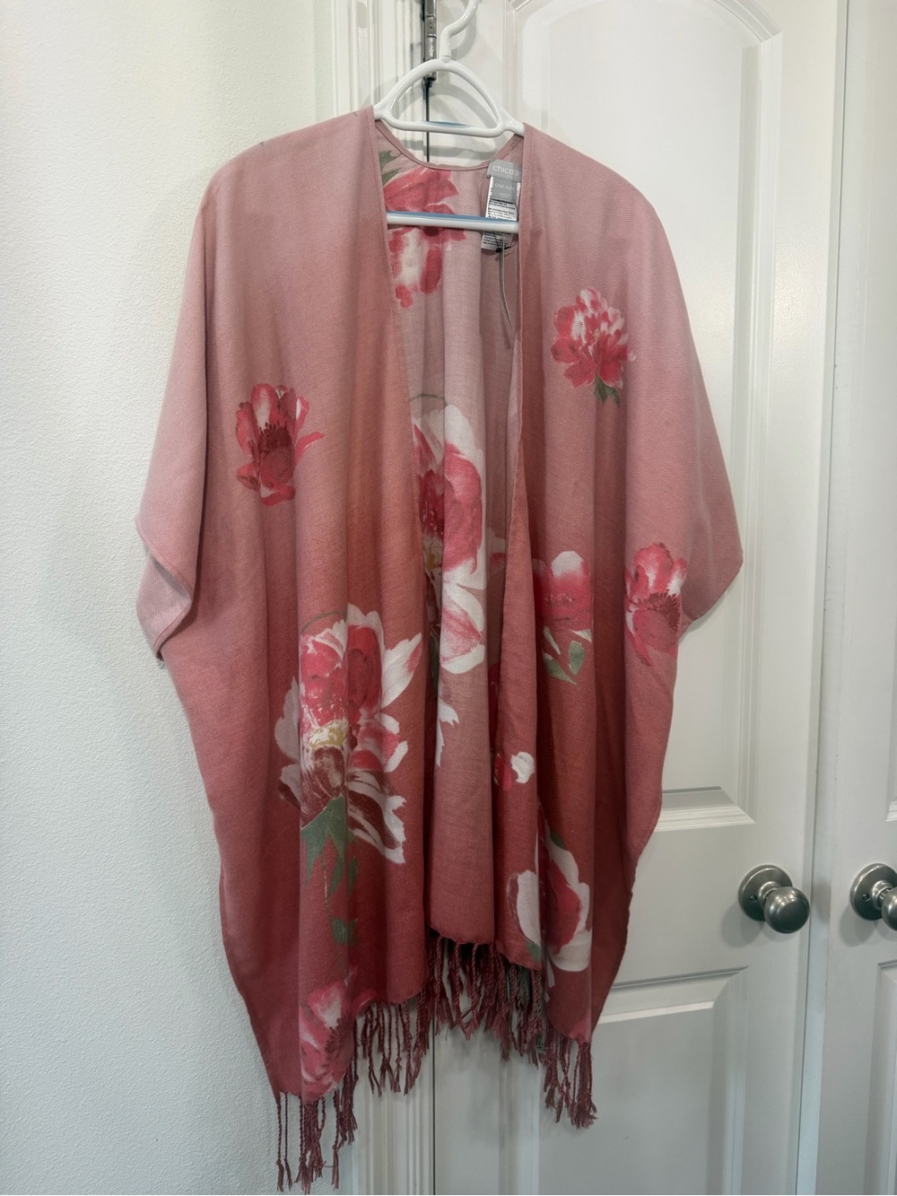 Chico's Dusty Rose Floral Fringe Shawl